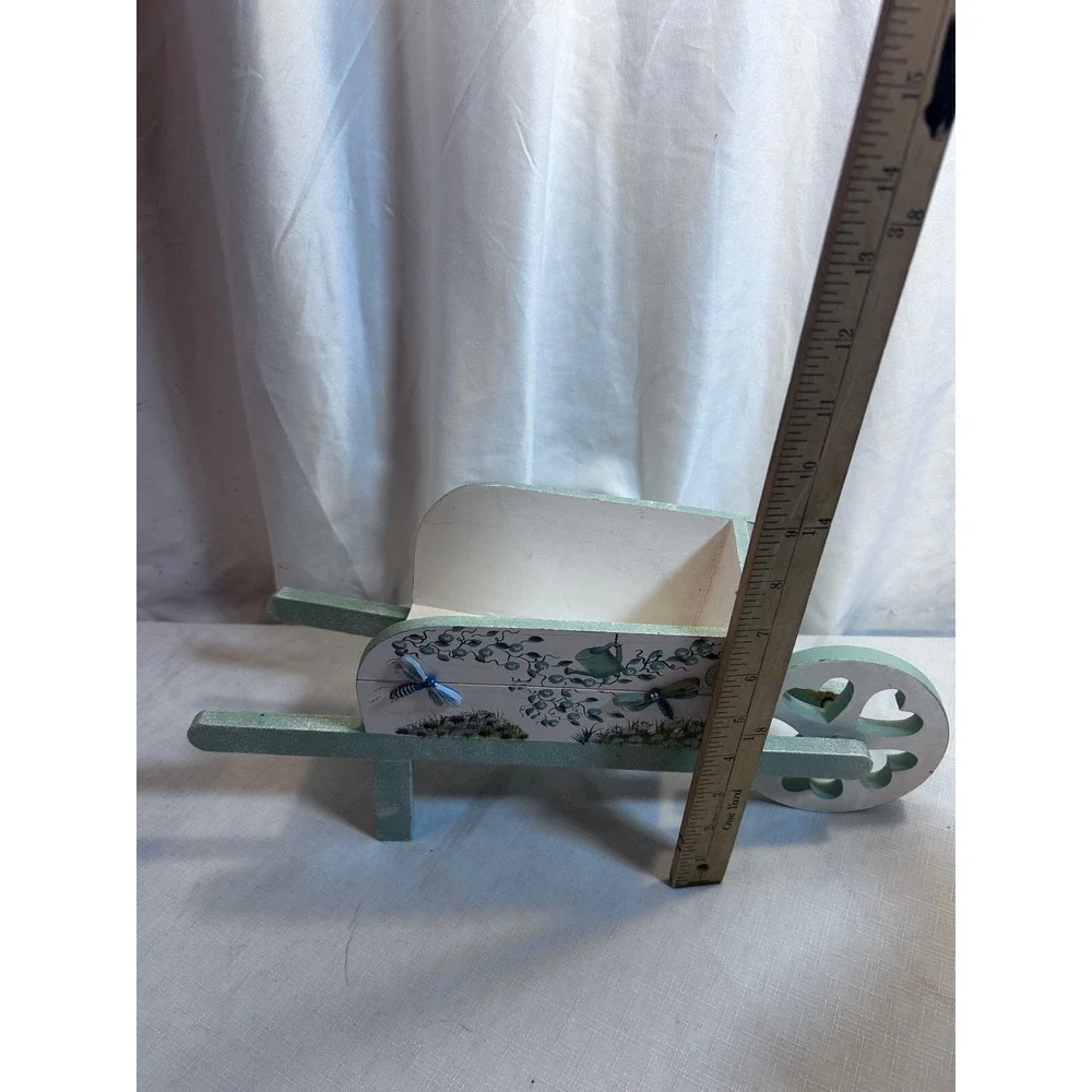 Unbranded Wooden Wheelbarrow Planter 14.5in Green Dragonfly Garden Decor